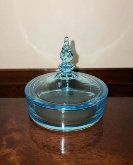 Vintage Tiffin Glass Milady Ice Blue Powder Jar Twisted Finial 1930s Art Deco