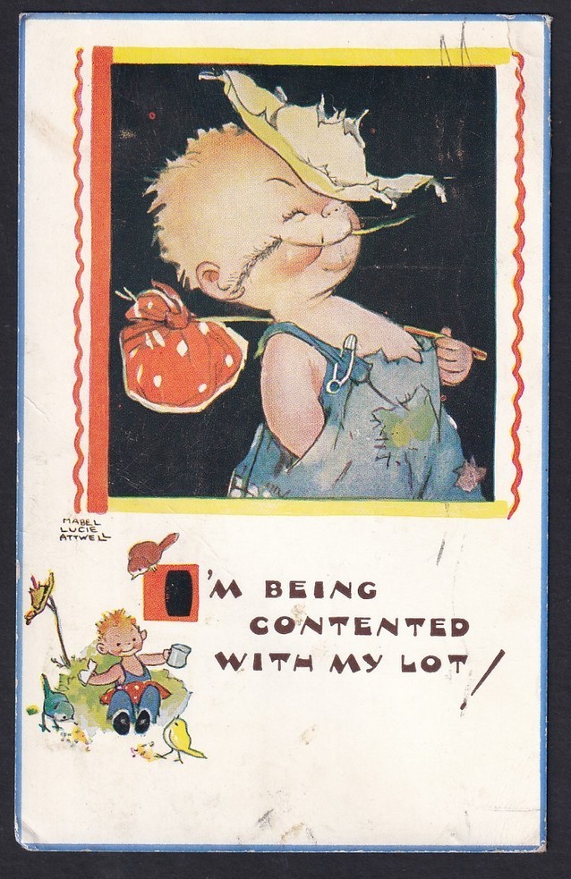 Mabel Lucie Attwell postcard “I’m Being Contented With My Lot” PU 1958 Mabel Lucie Attwell postcard “I’m Being Contented With My Lot” PU 1958