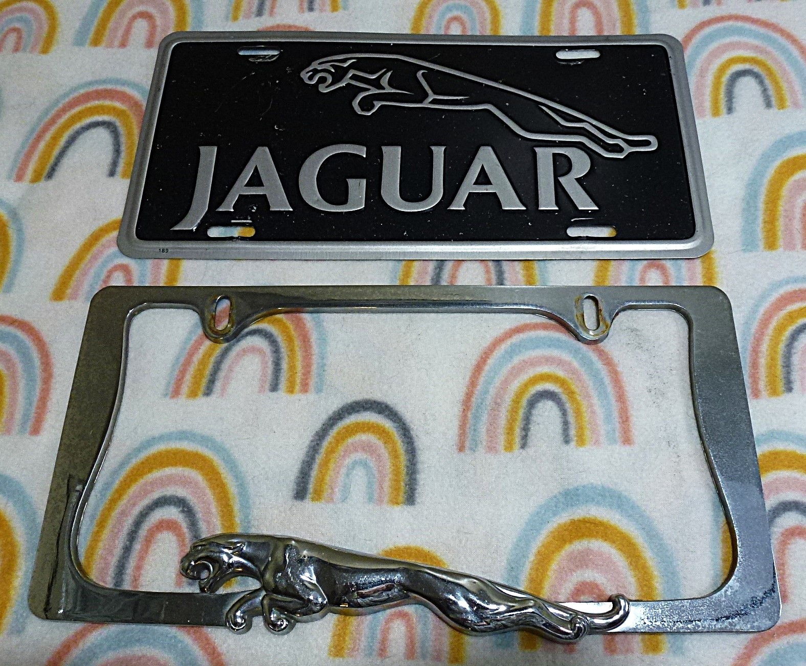 1970s Vintage Jaguar License Plate Frame Heavy Cast Metal w/Jaguar License Plate