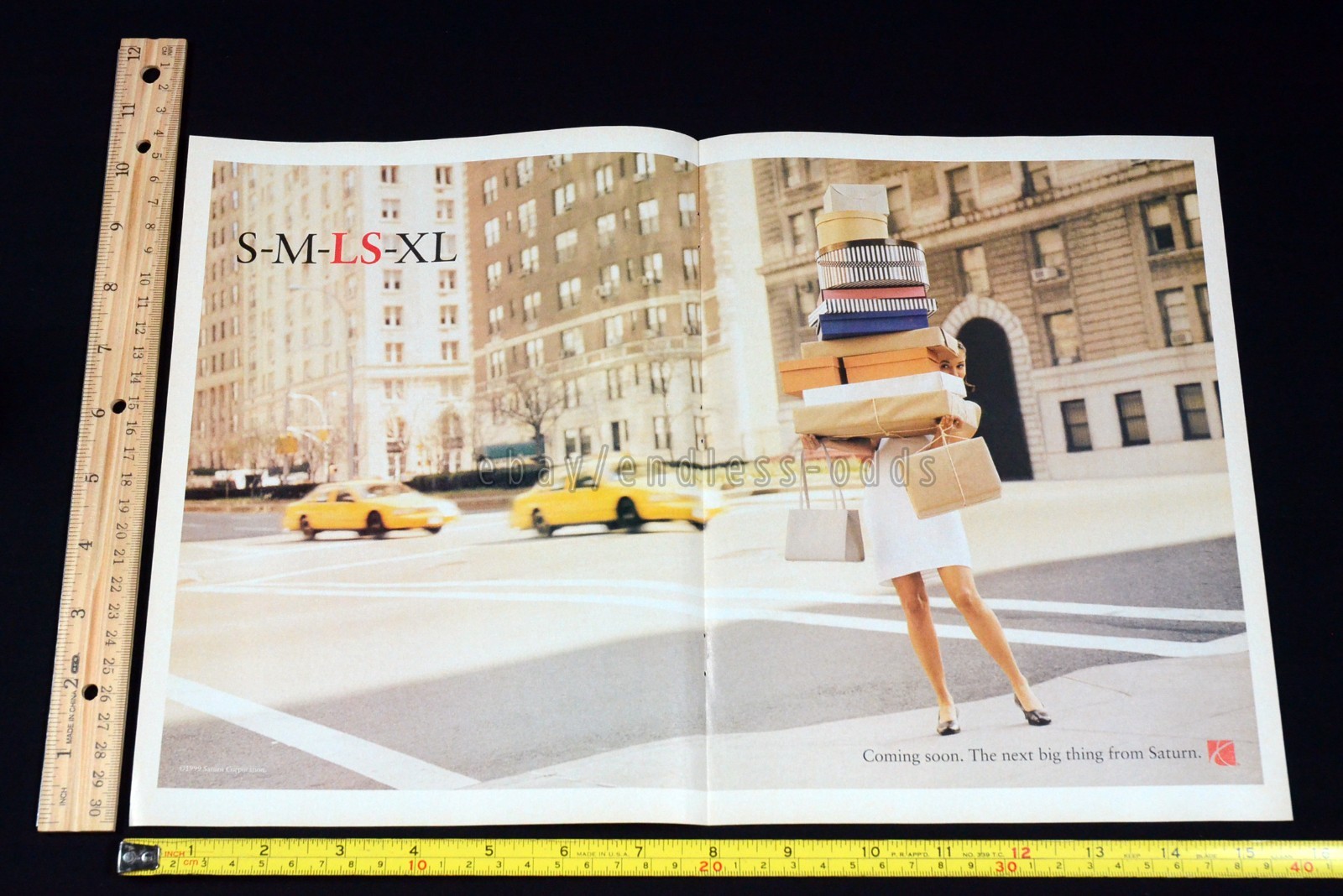 1999 Saturn LS New York NYC Taxi Cab Woman 2-pg Magazine Page Print Ad 1990s 90s