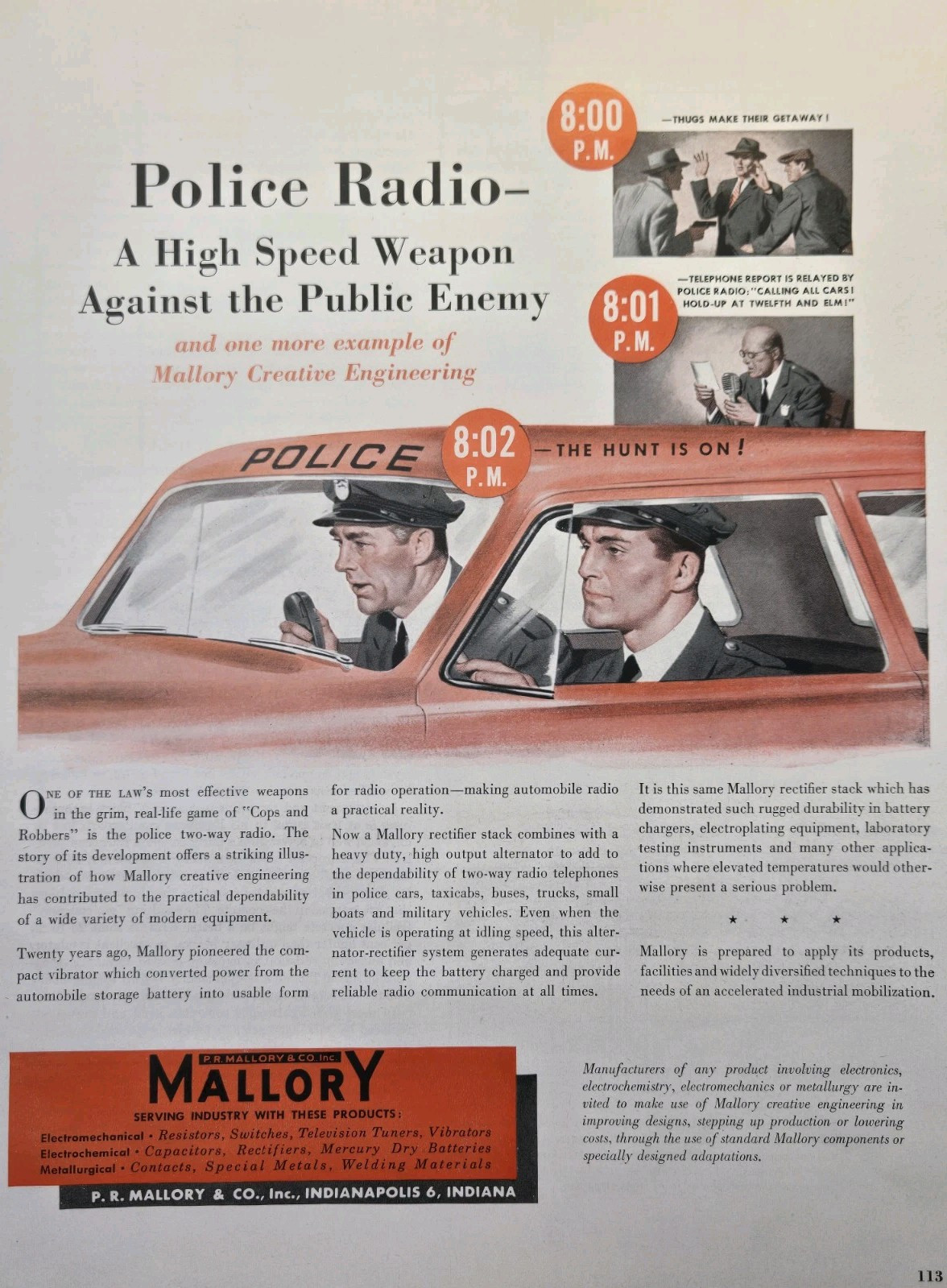 Mallory Electronics in Police Radio Auto Alternator Power Vintage Print Ad 1951