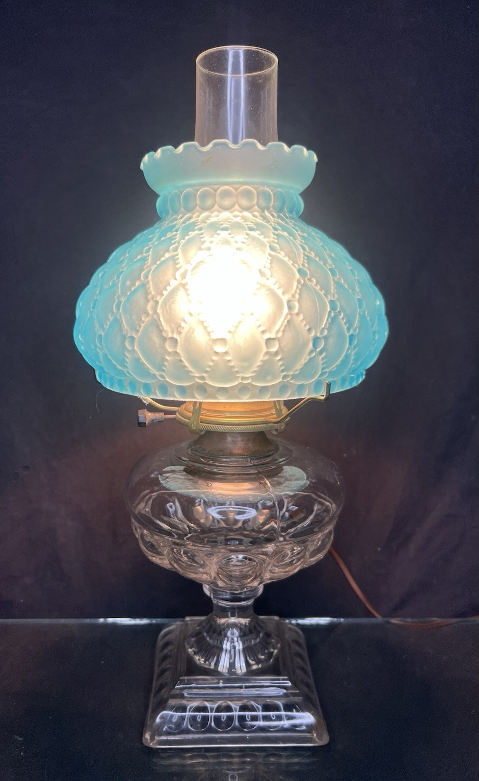 Antique 1910-1920 Converted Oil Lamp W Blue Fenton Diamond Quilt Satin Shade