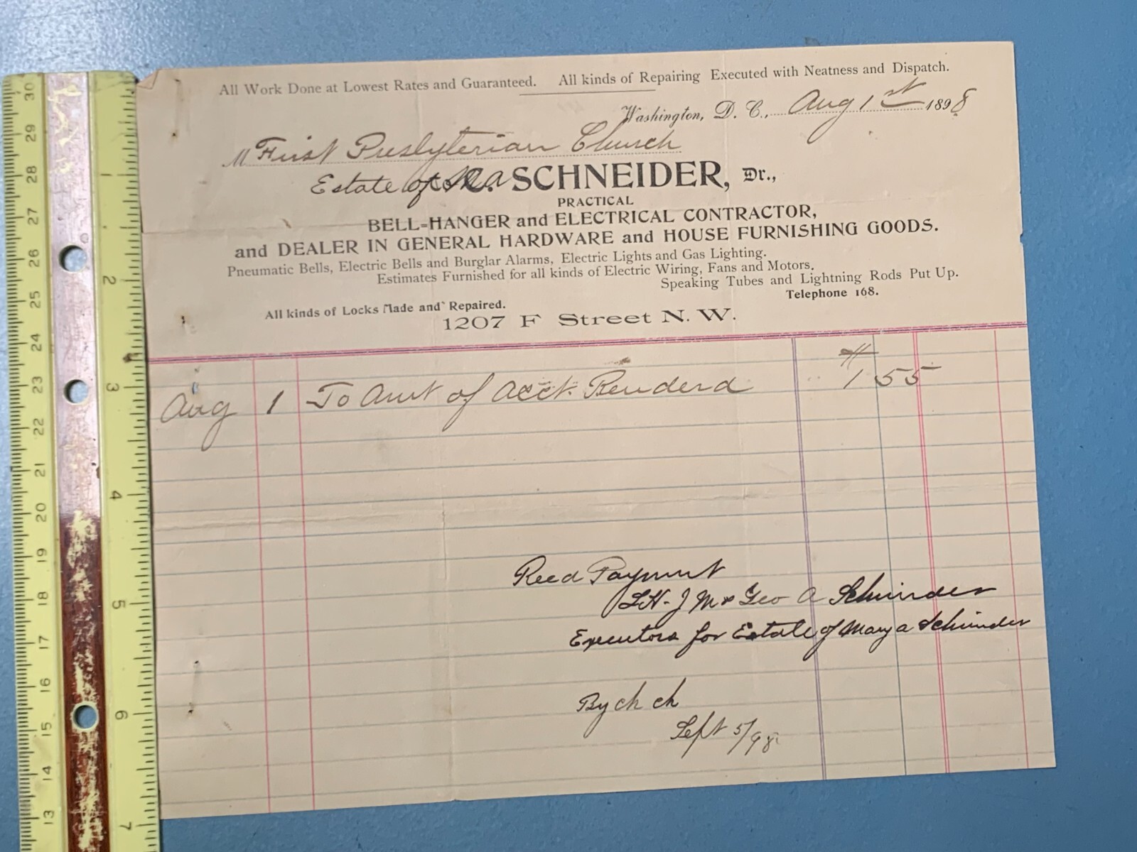 Antique 1898 Invoice C. Schneider, Dr, Electrical Contractor, Washington, DC