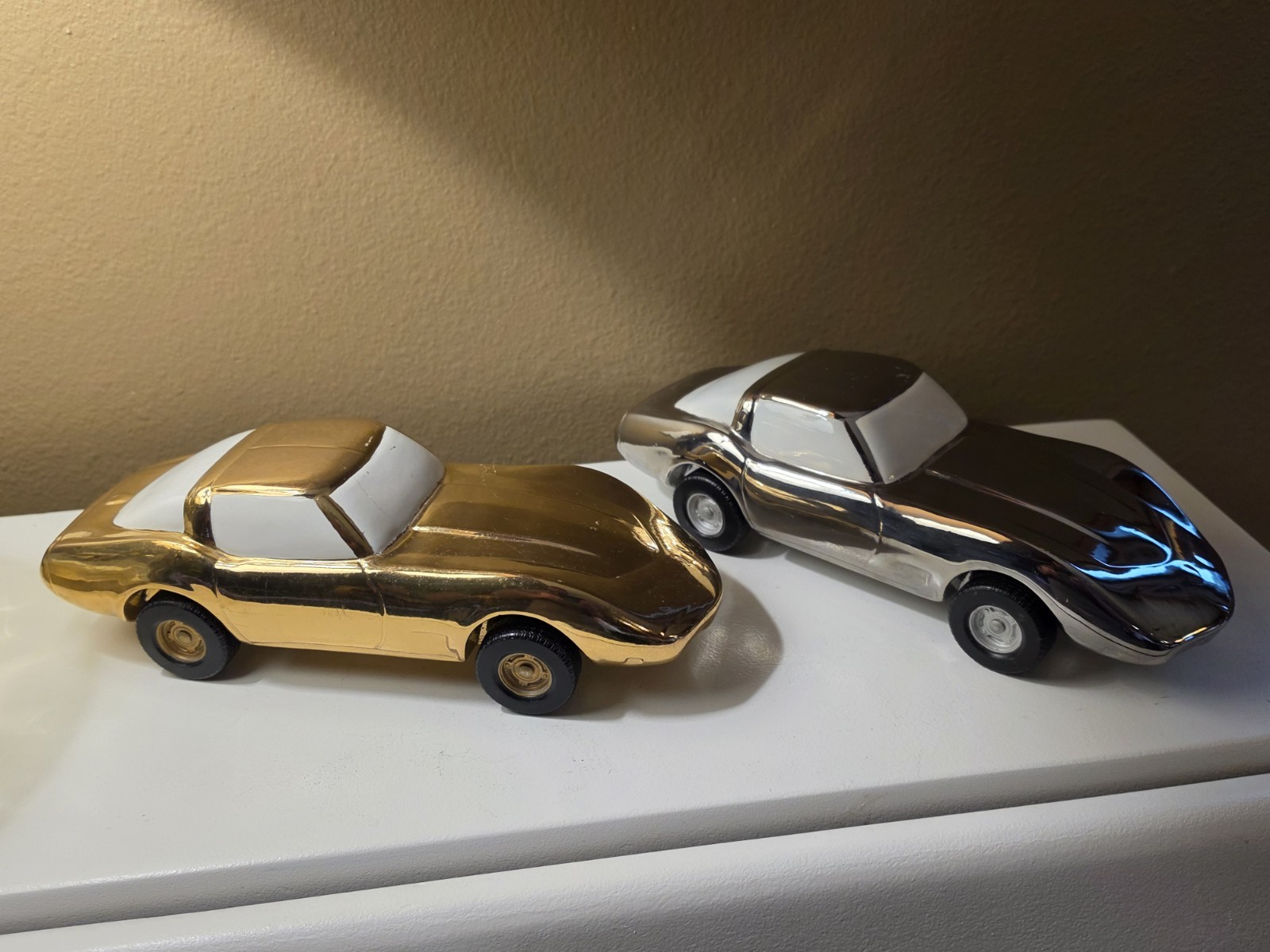 Vintage 1970's  Pacesetter Corvette Decanters Gold & Silver Pair  (EMPTY)