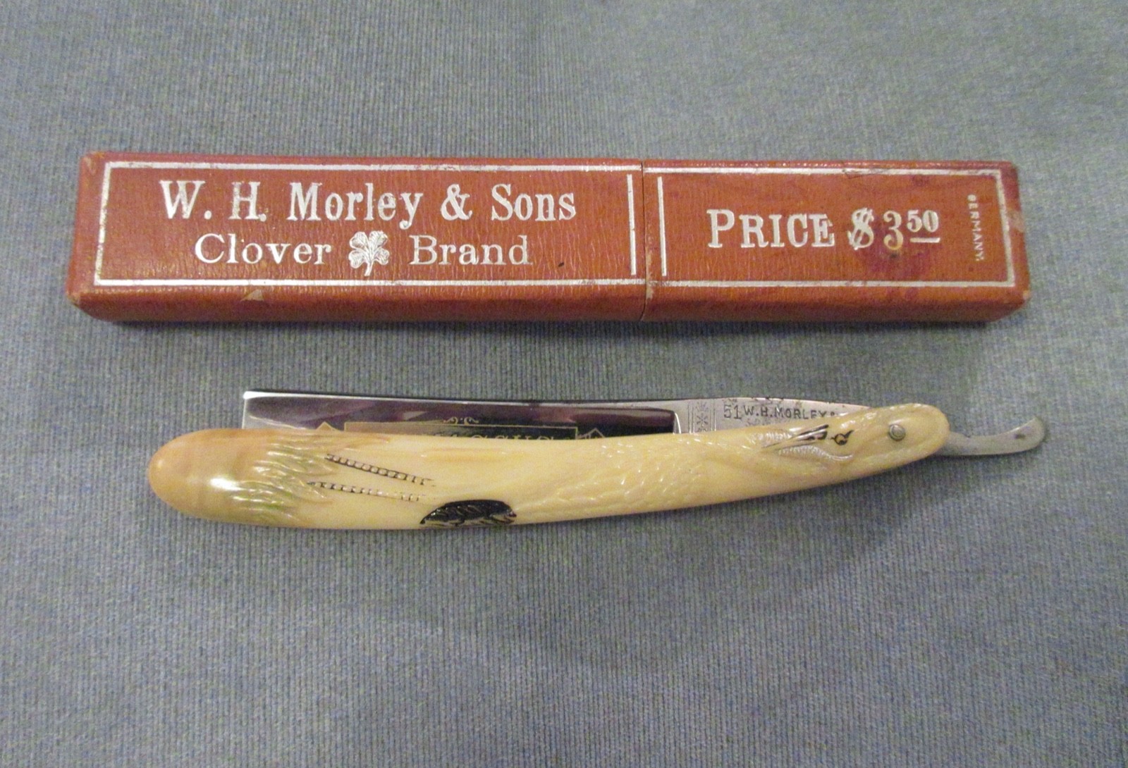 antique W.H. MORLEY & SONS STRAIGHT RAZOR - bird w/box - clover damascus germany antique W.H. MORLEY & SONS STRAIGHT RAZOR - bird w/box - clover damascus germany