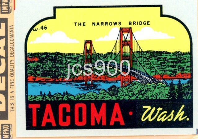 VINTAGE TACOMA WASHINGTON THE NARROWS BRIDGE SOUVENIR TRAVEL WATER DECAL IMPKO