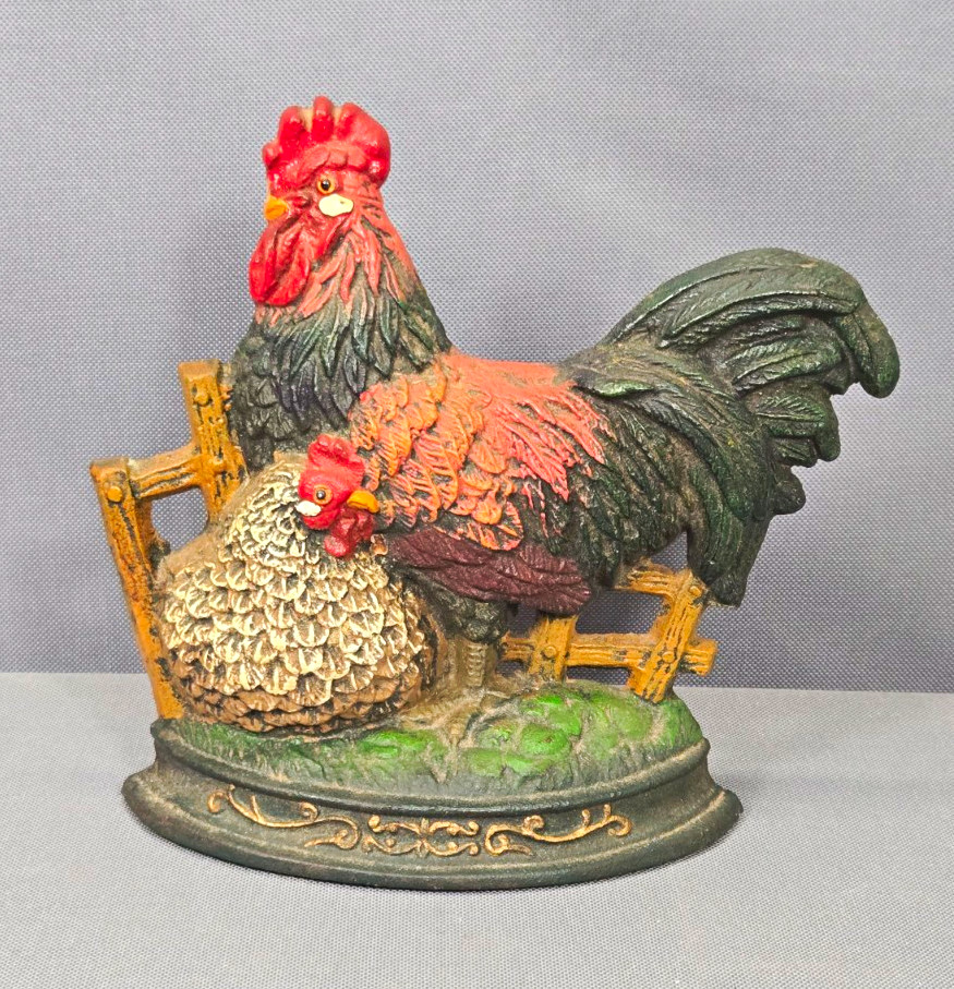 Vintage Cast Iron Rooster & Hen Door Stop Hand Painted Farmhouse Decor Vintage Cast Iron Rooster & Hen Door Stop Hand Painted Farmhouse Decor