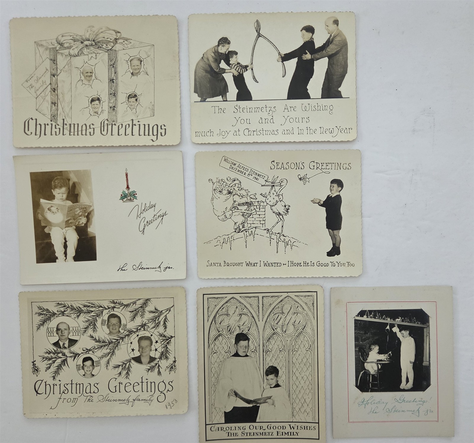 c1940s vintage STEINMETZ FAMILY elkins park pa PHOTO CHRISTMAS CARDS 7pc lot