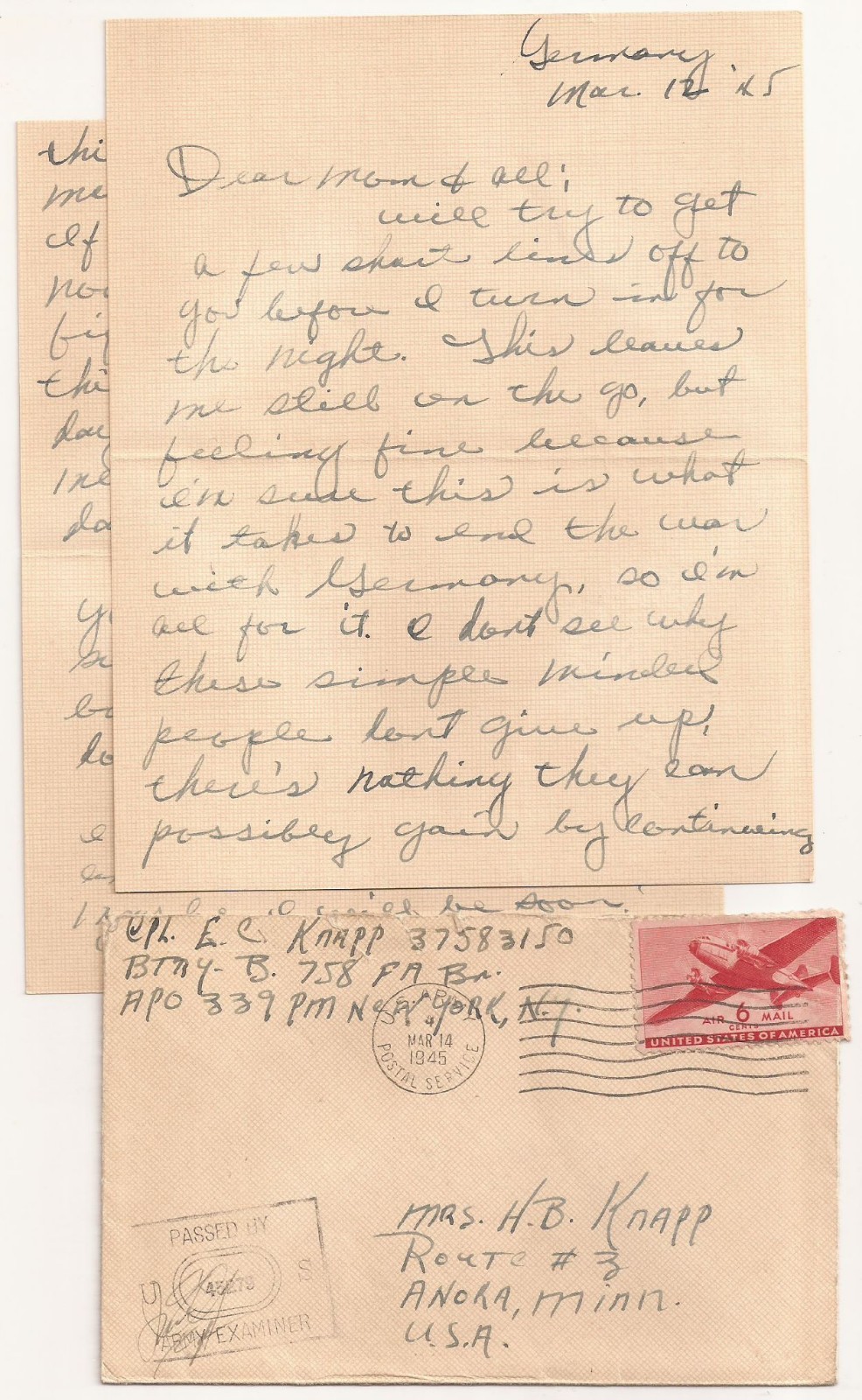 WWII Frontline Letter. Advancing in Germany. March 1945. Stubborn Resistance.