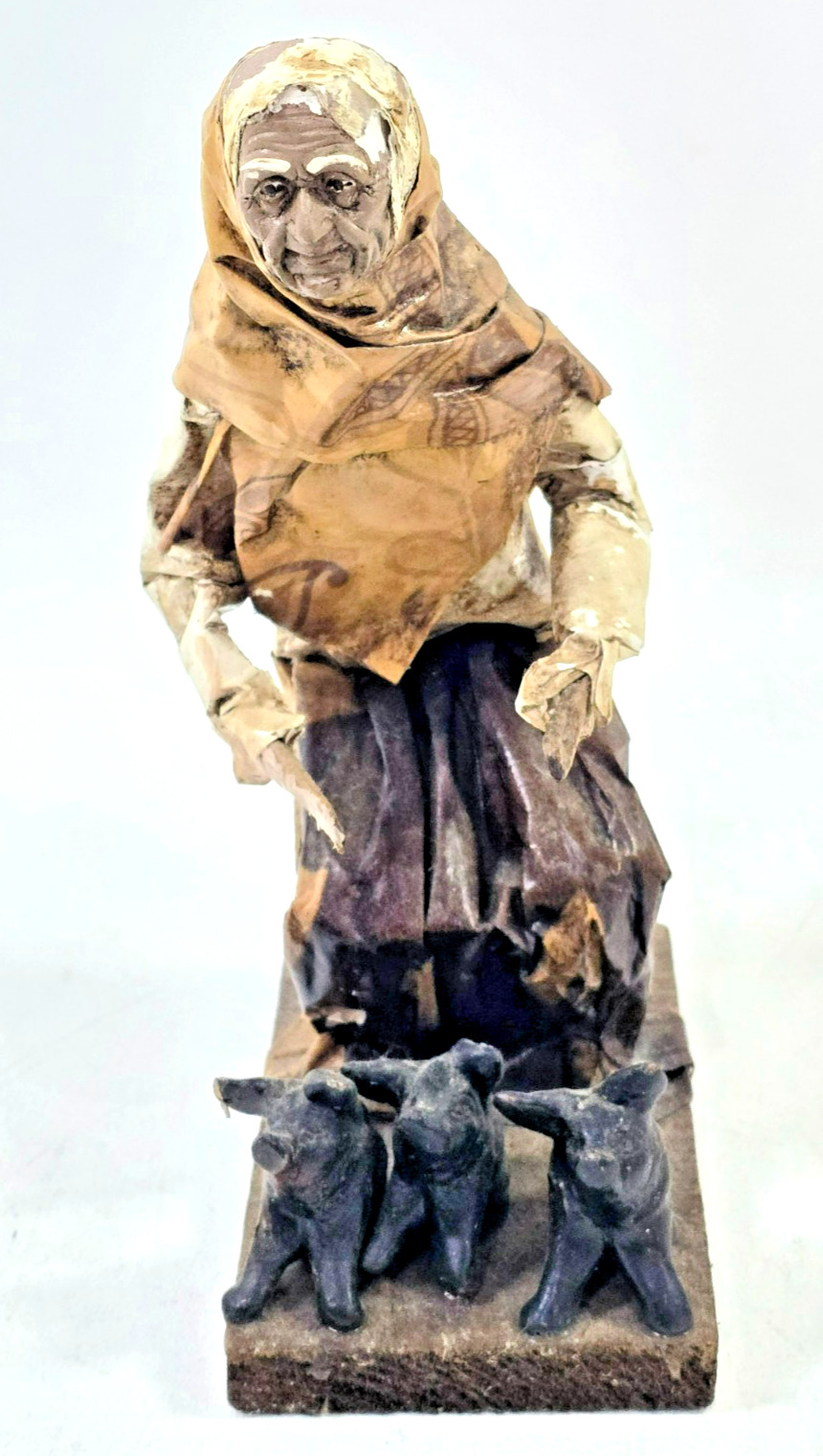Vintage EB M.R. Mexican Folk Art Paper Mache Woman And 3 Pigs Figure