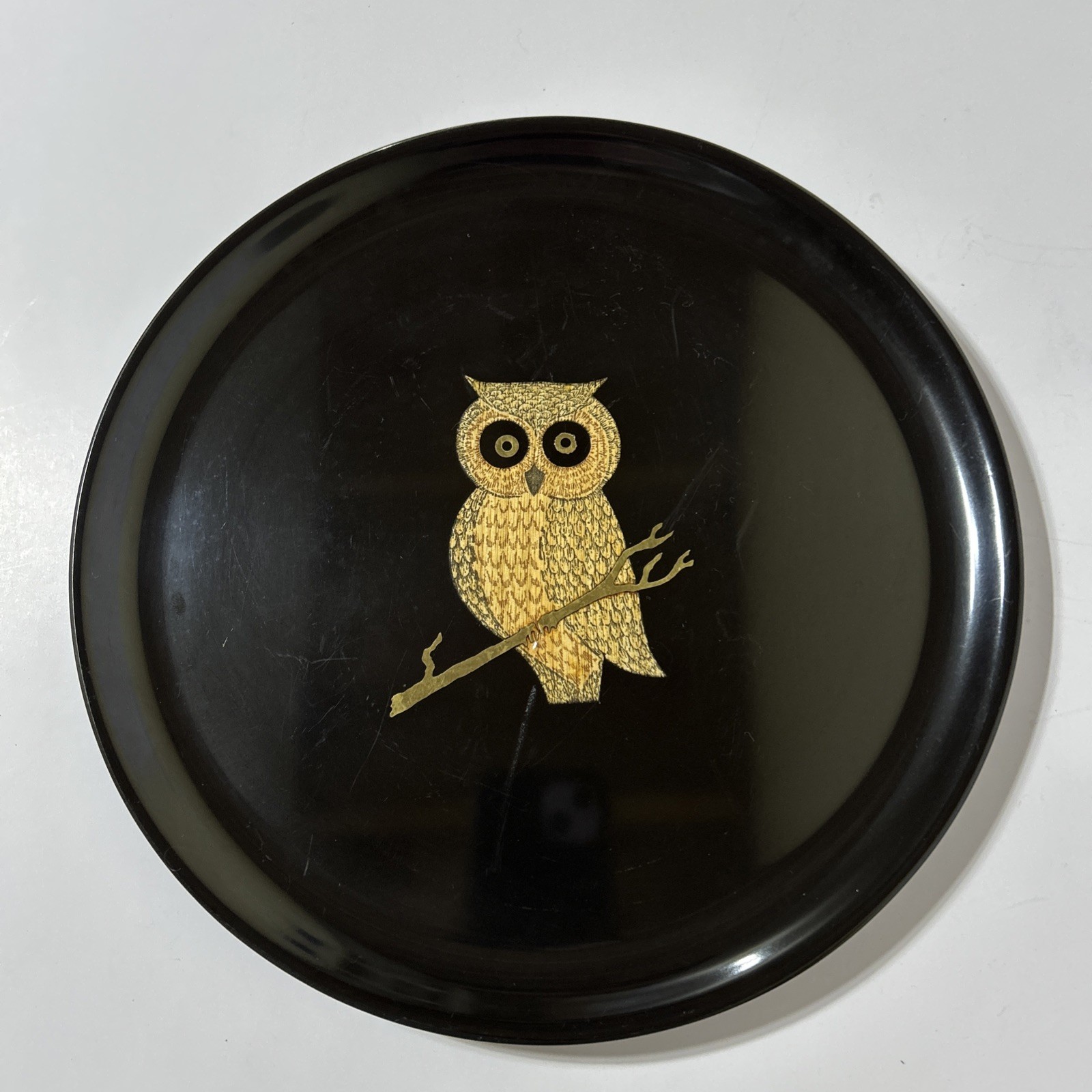 Vintage Couroc of Monterey Owl Round Tray 10.5” Hand Inlaid Design 1960’s