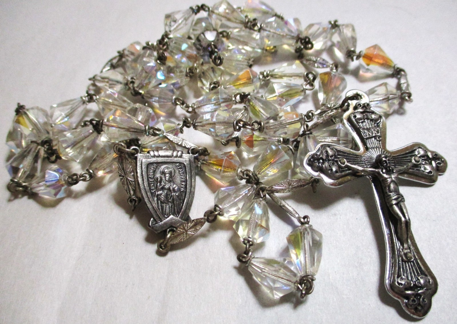 VINTAGE AURORA BOREALIS FACETED CRYSTAL ROSARY PRAYER BEADS CATHOLIC 38