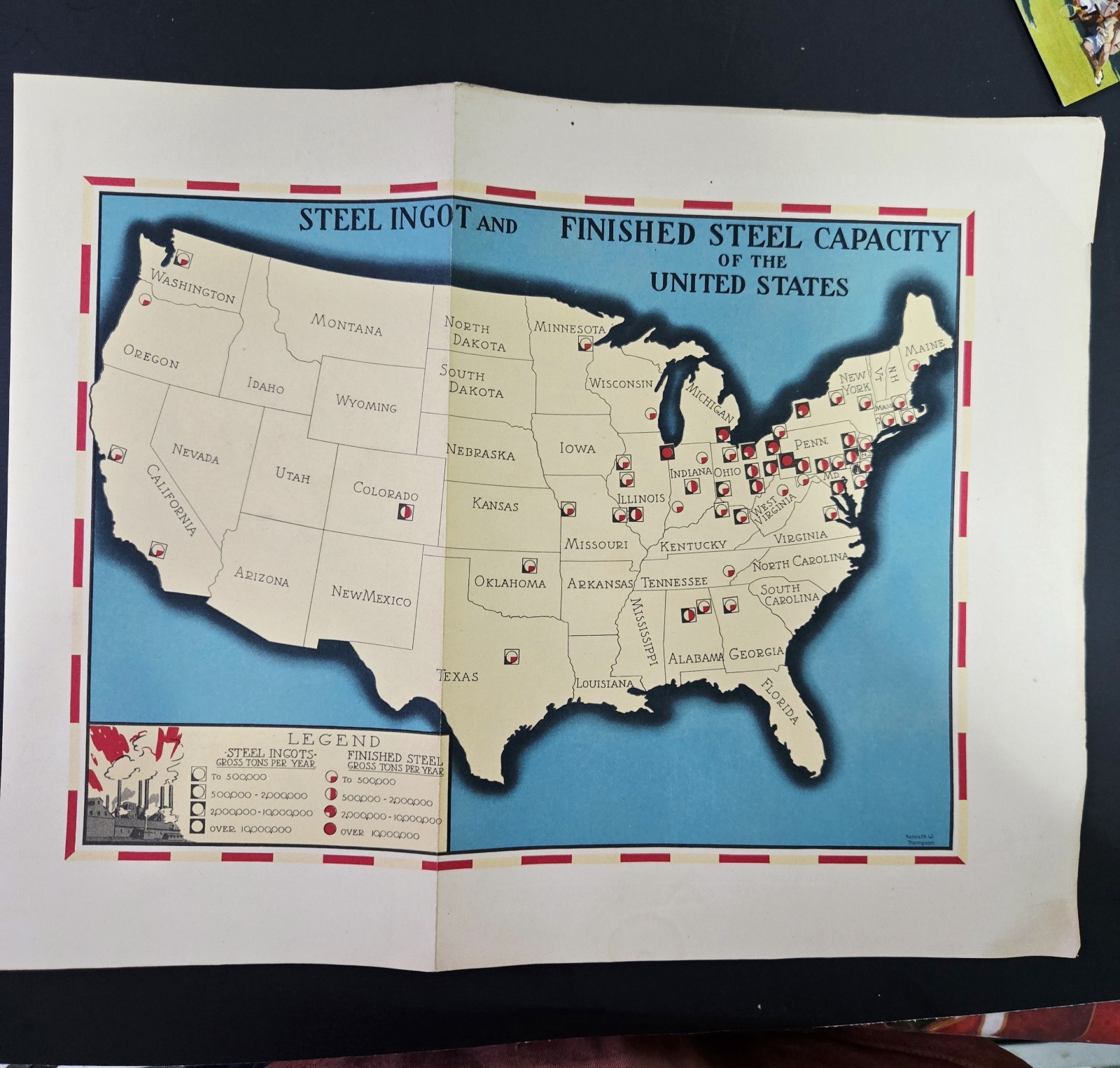VINTAGE 1937 AMERICAN IRON AND STEEL INSTITUTE PIG IRON CAPACITY US MAP