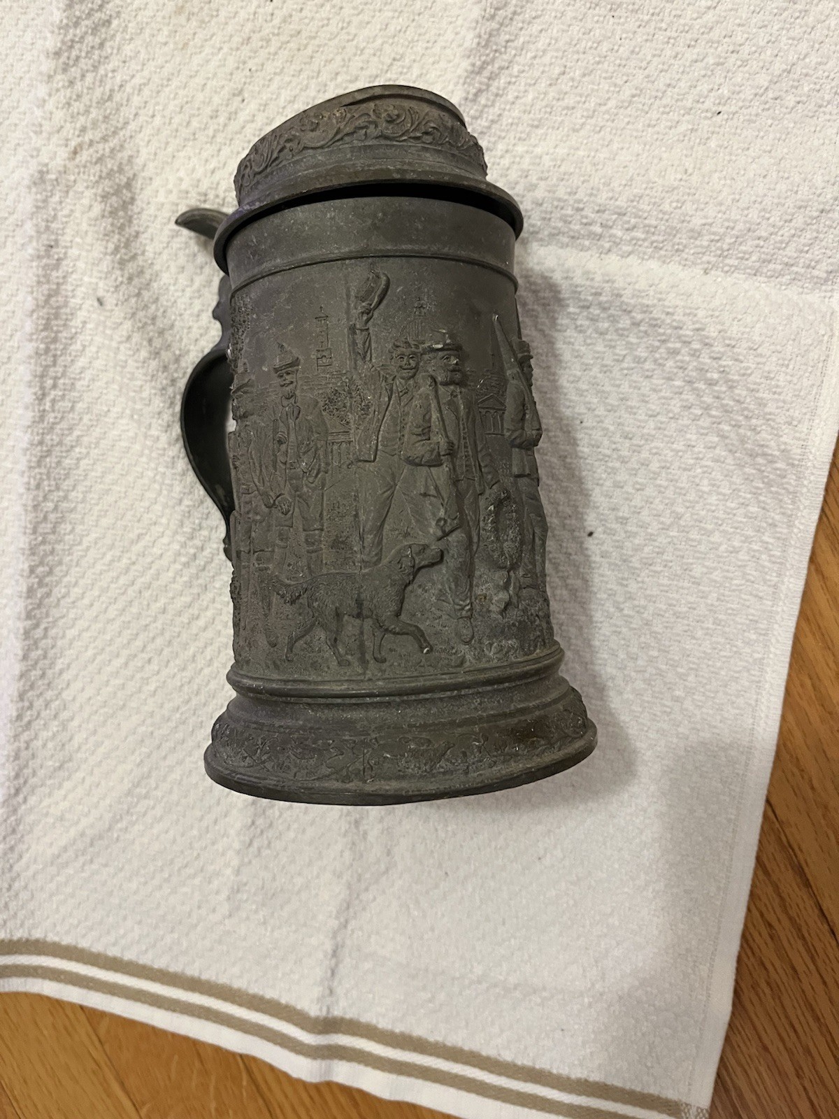 1920's Germany Bavarian Pewter Beer Stein Relief Party Hunting European- Used-