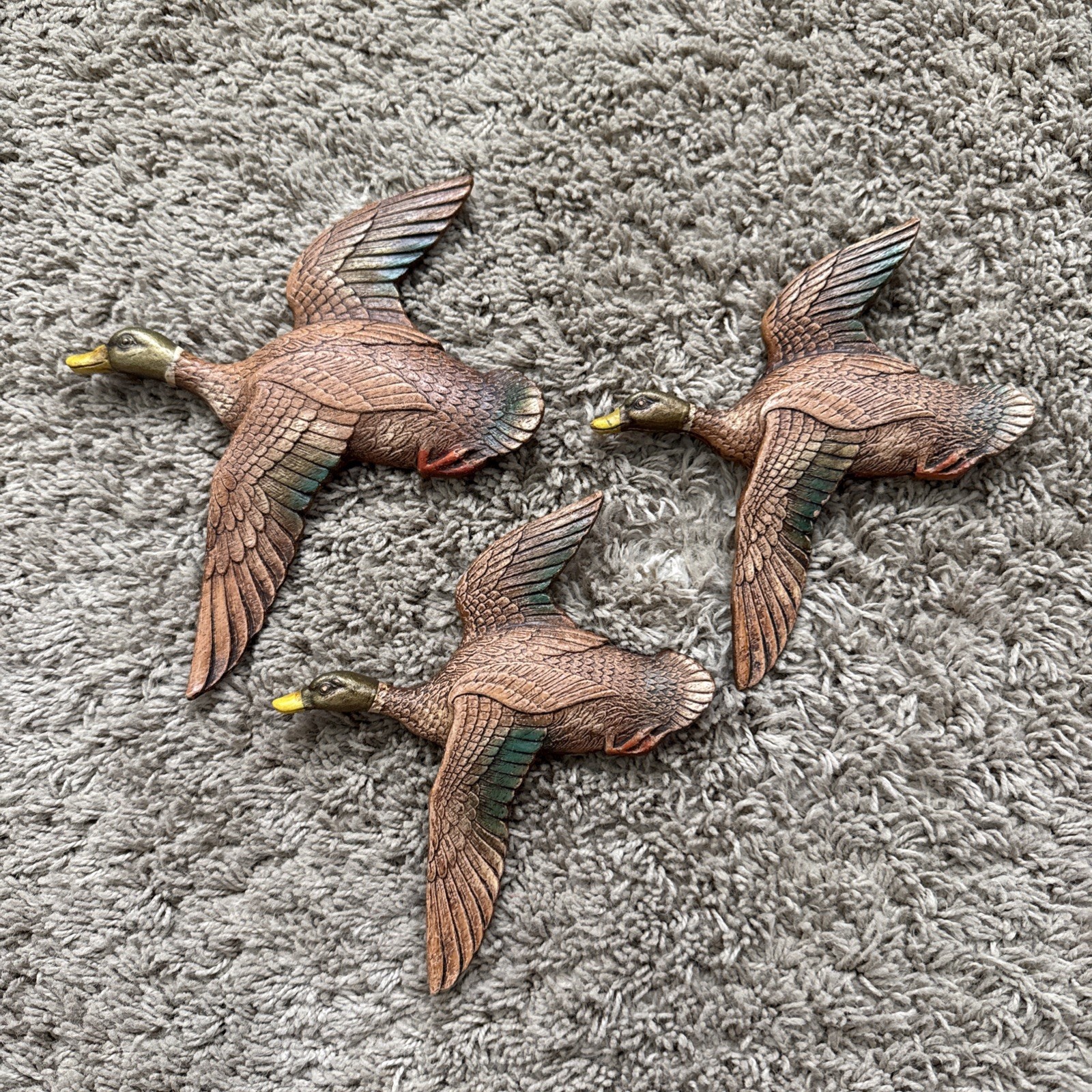 Vtg MCM Syroco Style Flying Duck Wall Plaques Set of 3 Cabin Decor Mallards EUC