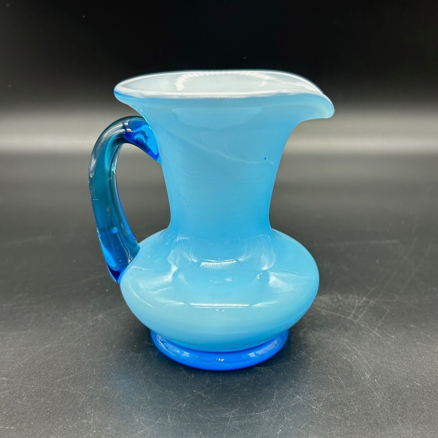 Kanawha Art Glass Mini Pitcher Peachblow Blue Sapphire Cased White 1960\'s