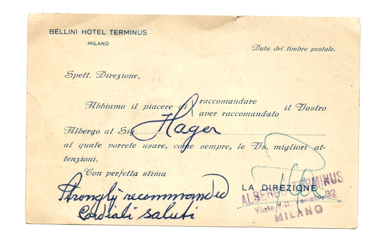 Rare 1910s Bellini Hotel Terminus Milano Recommendation Card to Genova Italy Rare 1910s Bellini Hotel Terminus Milano Recommendation Card to Genova Italy