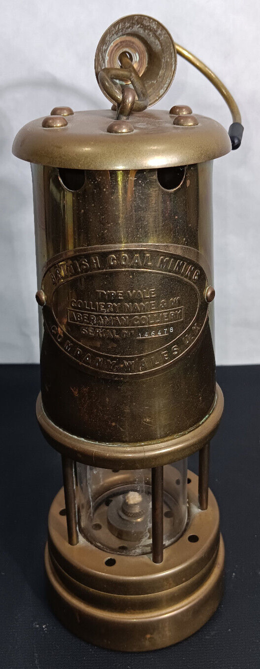 Vintage Brass British Coal Mining Miners Lamp Aberaman Colliery Wales UK Vintage Brass British Coal Mining Miners Lamp Aberaman Colliery Wales UK