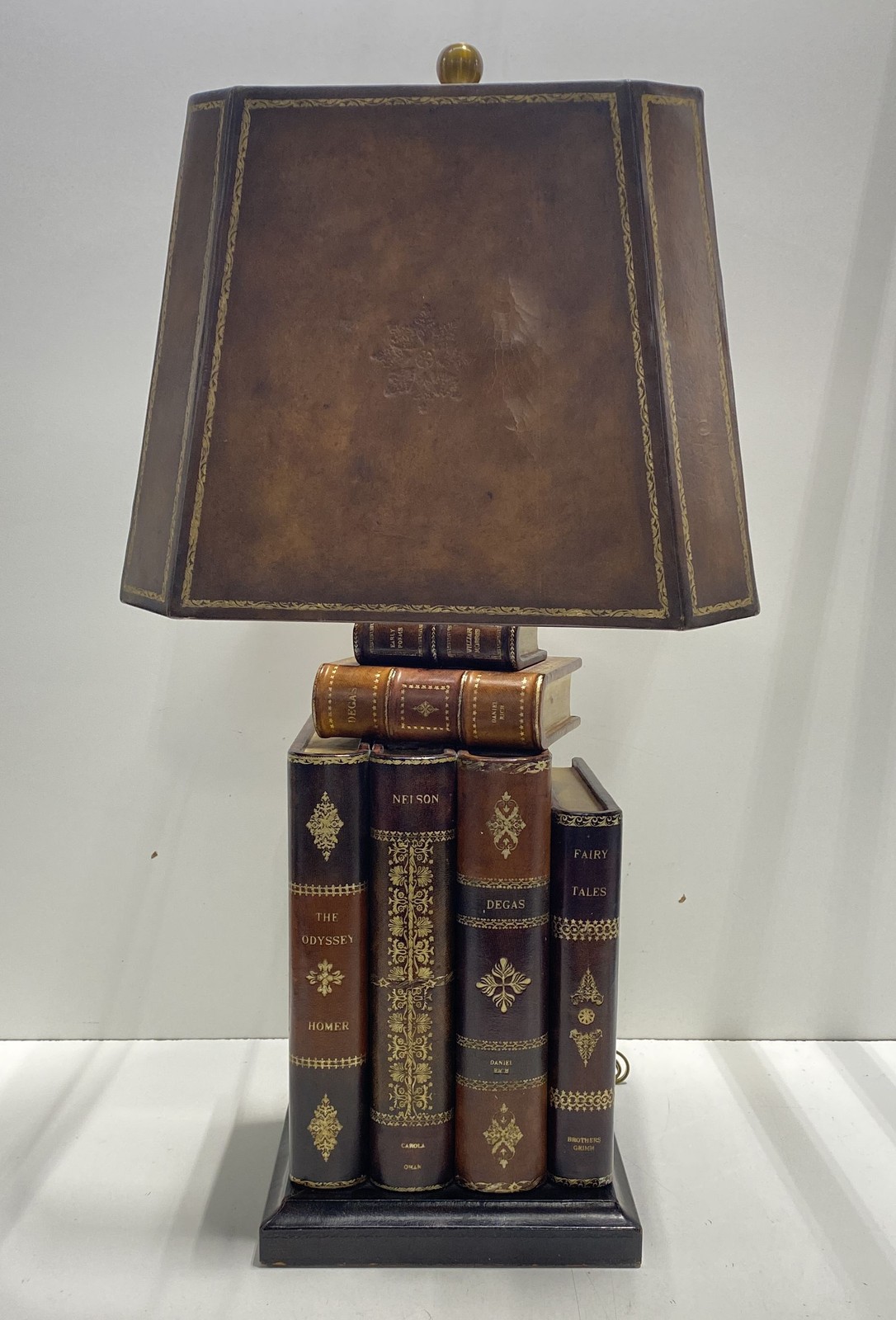 Vintage Stacked Books Table Lamp Faux Leather Shade Library Style Tested
