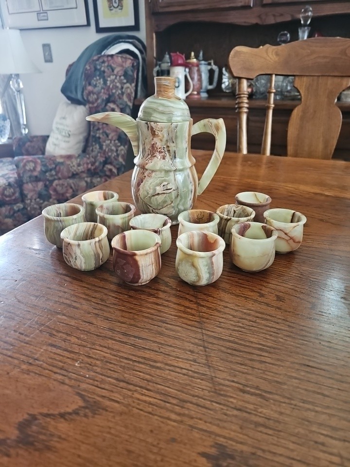 A++ Grade Natural Onyx  13 Piece Tea Set With 1 Pitcher And 12 Cups- 8 inches