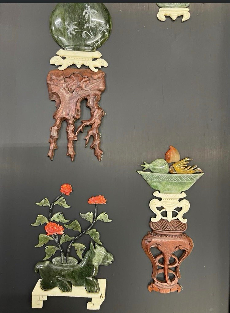 Vintage Chinese Framed Art Panels Set of 4 w/ Vases Flowers Birds & Characters
