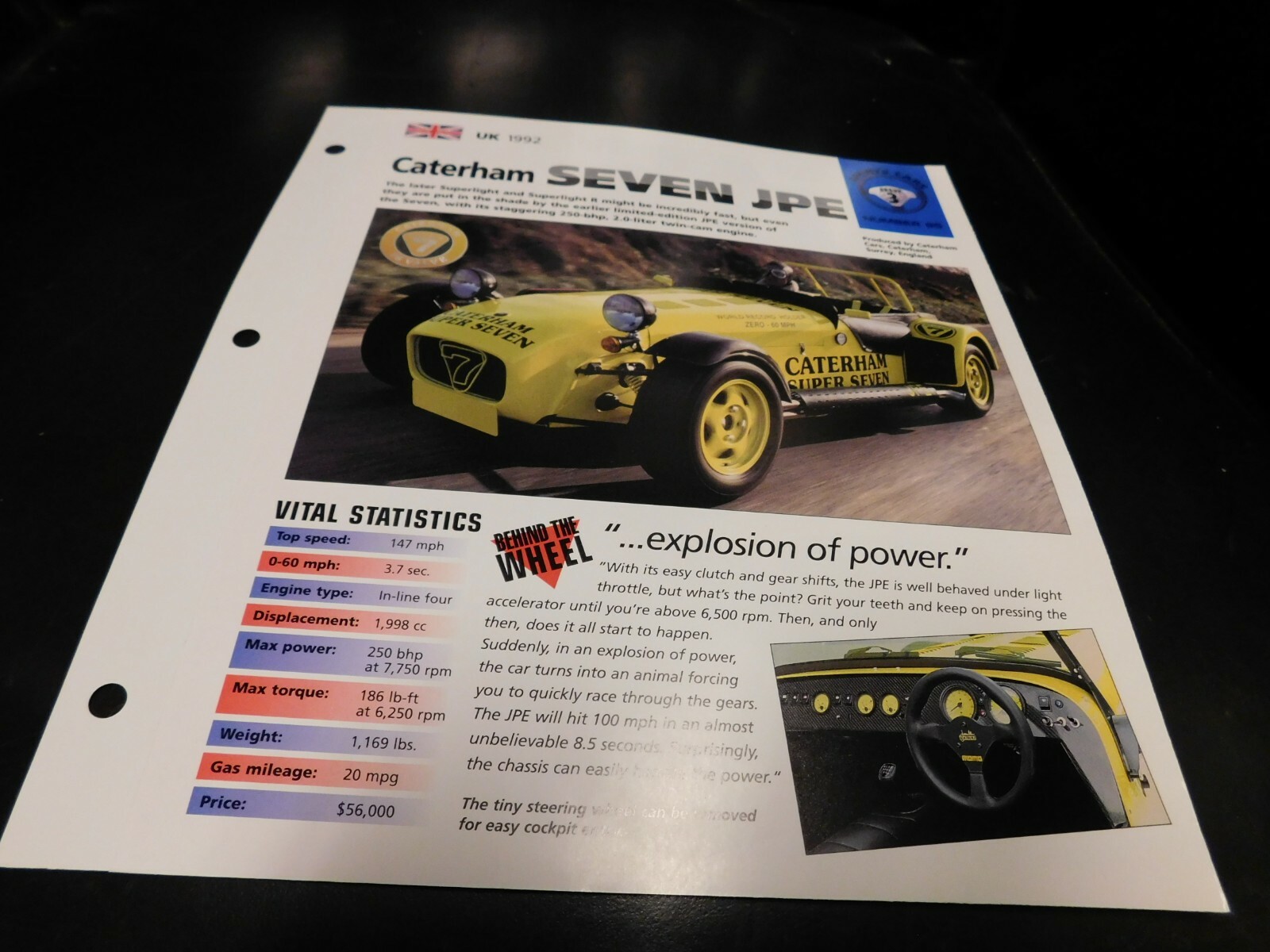 1992 Caterham Seven JPE Spec Sheet Brochure Photo Poster 1992 Caterham Seven JPE Spec Sheet Brochure Photo Poster