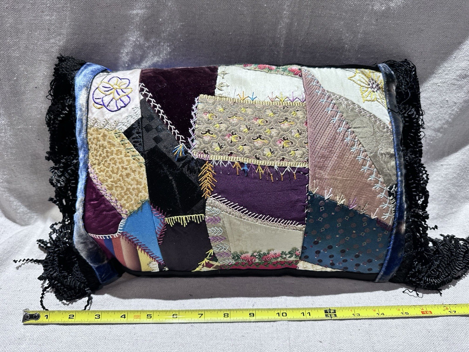 Antique Silk Crazy Quilt Pillow w Crimped Silk Ribbon Maiden Lane Vermont