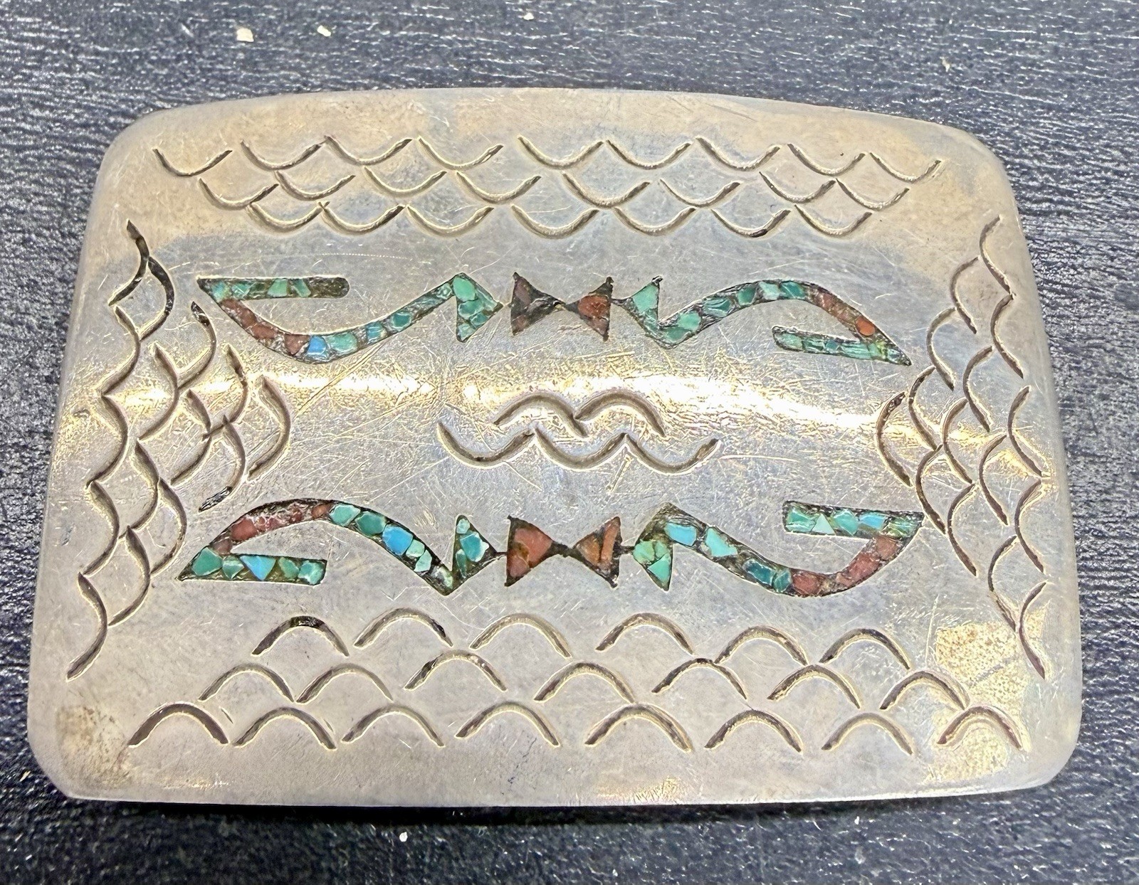 Navajo Sterling Silver Belt Buckle w/ inlaid Turquoise & Coral ~signed H.D.C