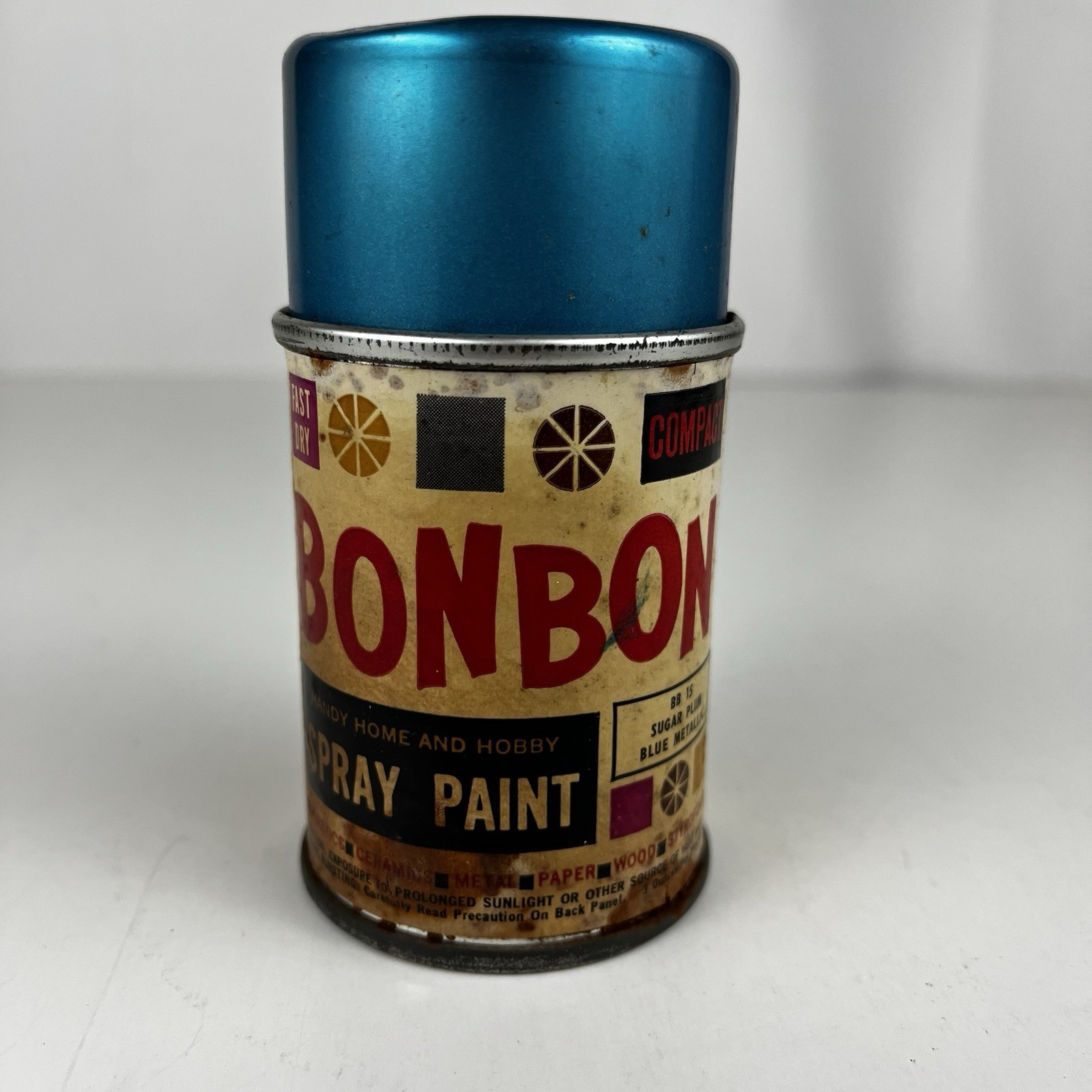 VTG 1960s PLASTI KOTE BON BON Blue Mini Spray Paint Can Paper Label - EMPTY