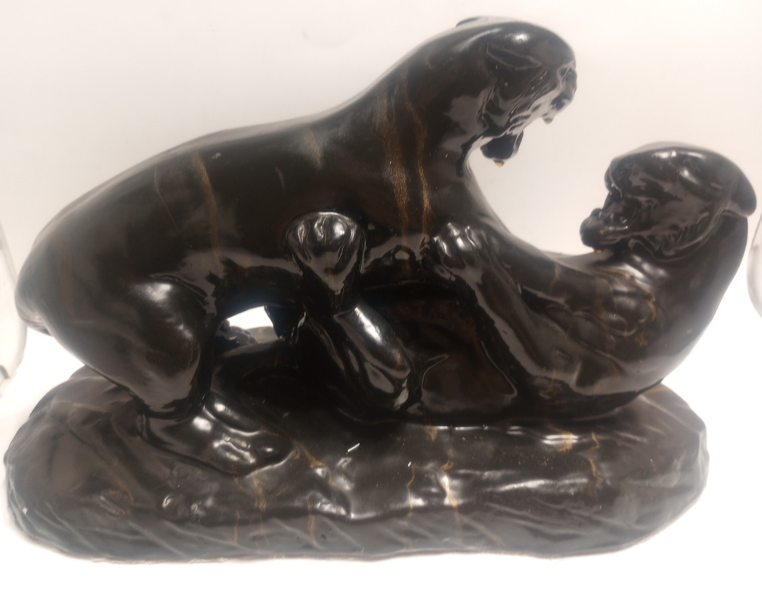 Vintage MCM Glazed Ceramic Fighting Black Panthers Lamp Sculpture 16 Vintage MCM Glazed Ceramic Fighting Black Panthers Lamp Sculpture 16
