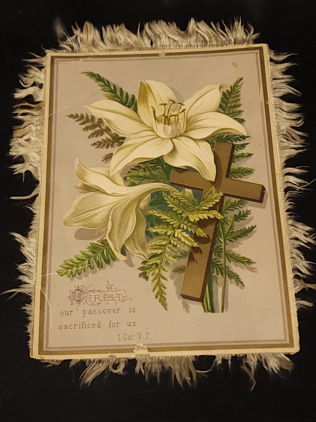 Antique Easter Greeting Card Victorian White Fringe 7\