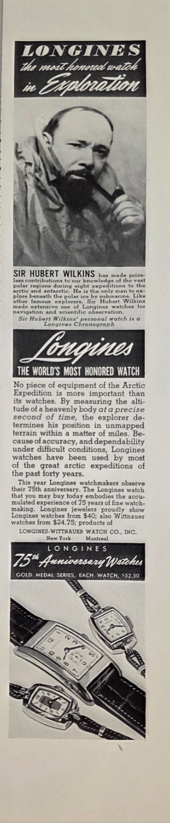 1941 Ad Longines 75th Anniversary Watches Polar Explorer Sir Hubert Wilkins