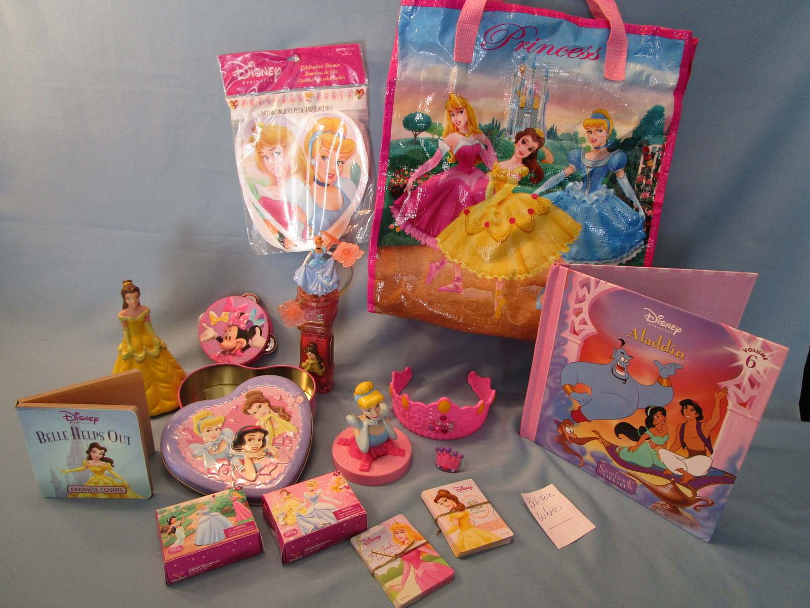 DISNEY PRINCESS BAG W/ TREASURE crown book game tin ring LOT