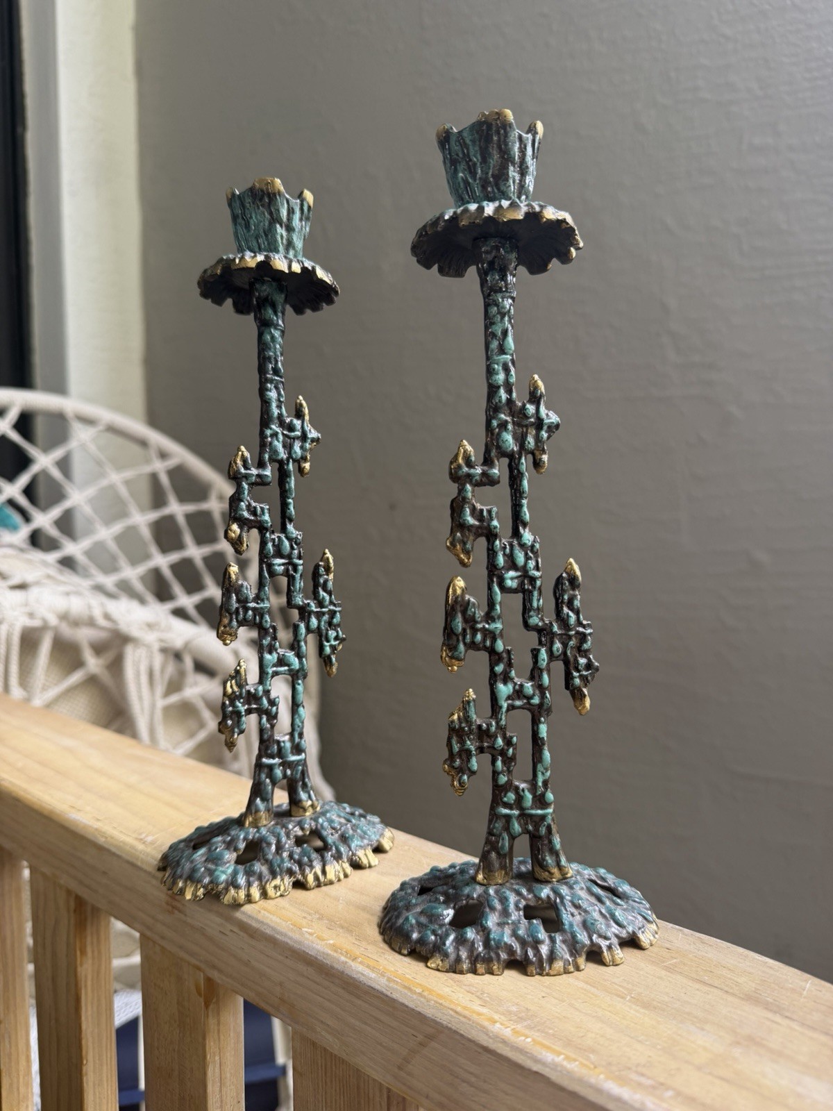 Vintage MCM Brass BRUTALIST CANDLE HOLDERS Verdigris ISRAEL 10” Vintage MCM Brass BRUTALIST CANDLE HOLDERS Verdigris ISRAEL 10”