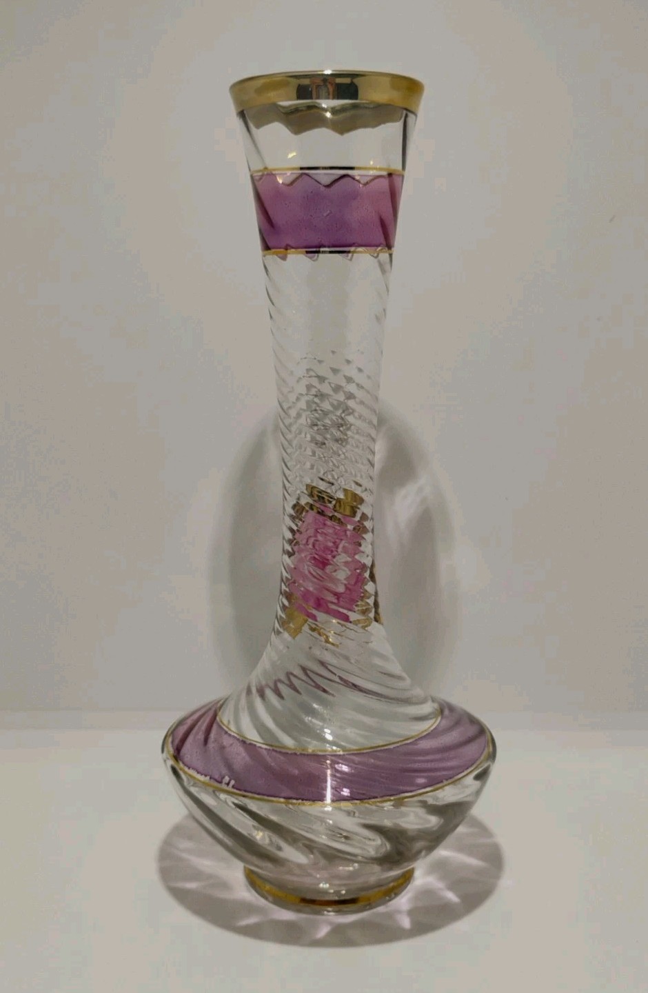 Art Glass Vase Optic Swirl Enesco Japan Hand Painted Pink Rose Gold Trim Vintage