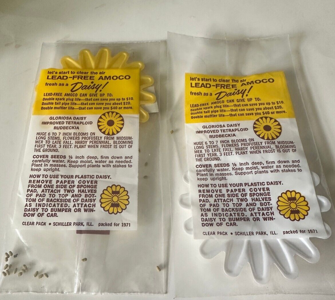 Vintage lead-free Amoco Daisy promo Flower seeds & stick on Daisy NOS Sealed