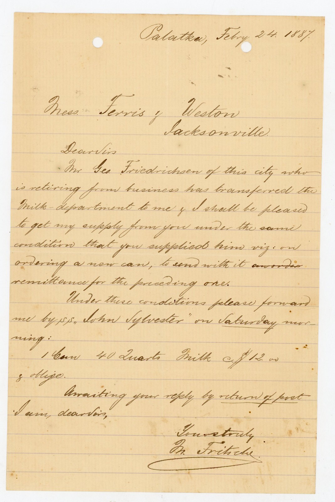 1889 Palatka FL Milk Supply Letter to Ferris & Weston Jacksonville Dairy History 1889 Palatka FL Milk Supply Letter to Ferris & Weston Jacksonville Dairy History