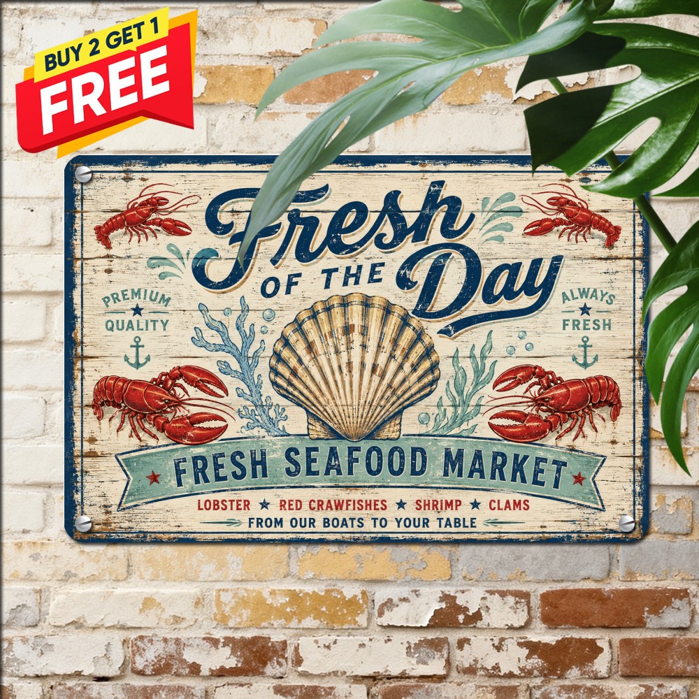 Fresh Seafood Crawfish Lobster Sign Retro Coastal Restaurant Metal Wall Decor