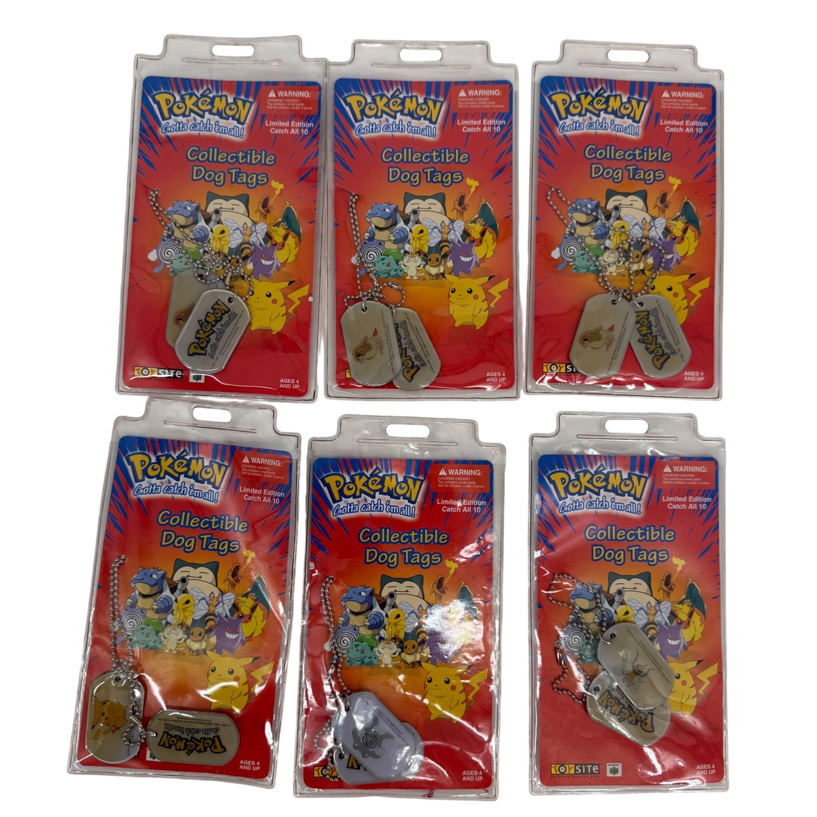 Vintage 1999 Pokemon Collectible Dog Tags Lot of 6 Nintendo Sealed Pikachu