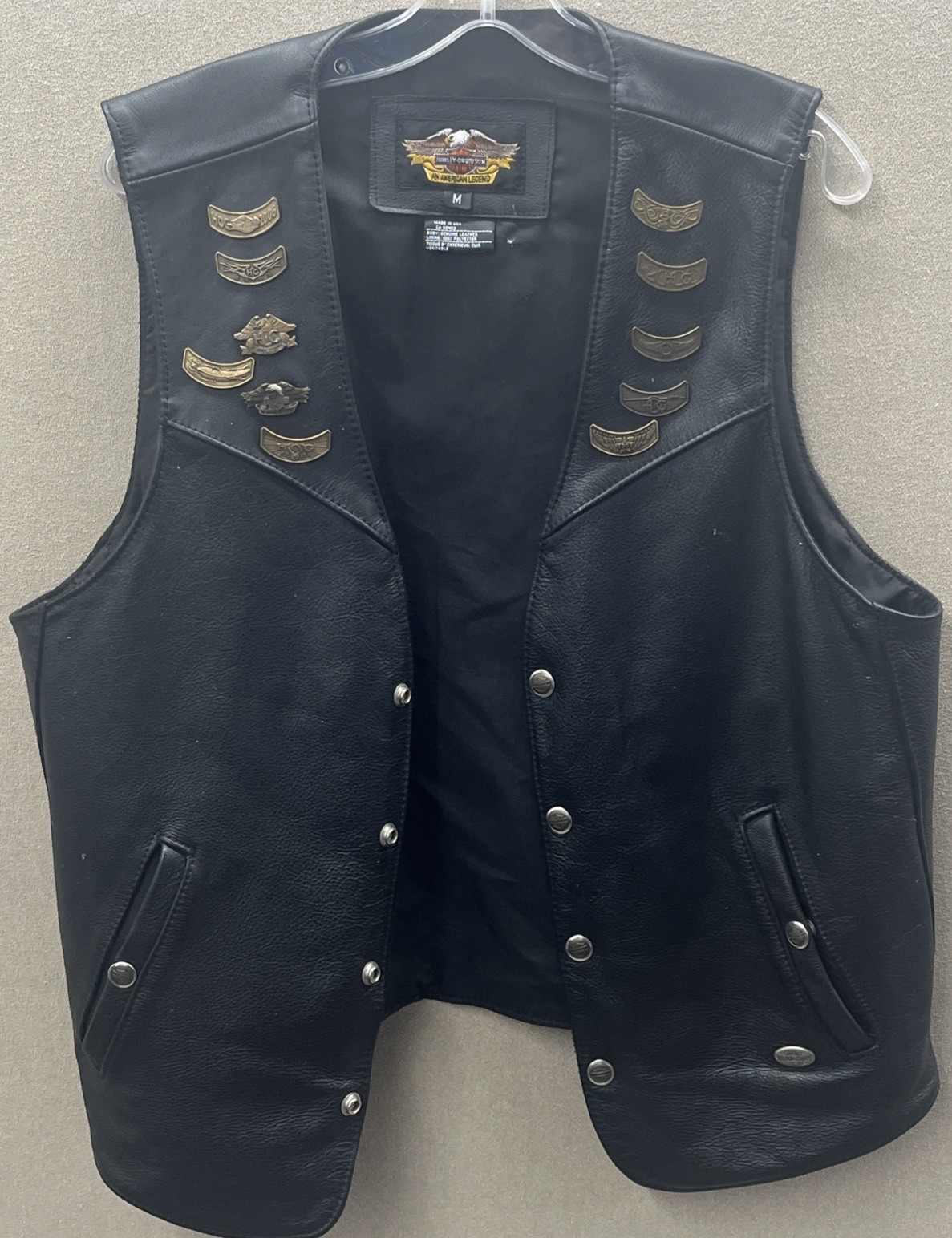 Vintage Harley-Davidson Men's Black Leather Vest with Eagle Accent Pins Size M Vintage Harley-Davidson Men's Black Leather Vest with Eagle Accent Pins Size M