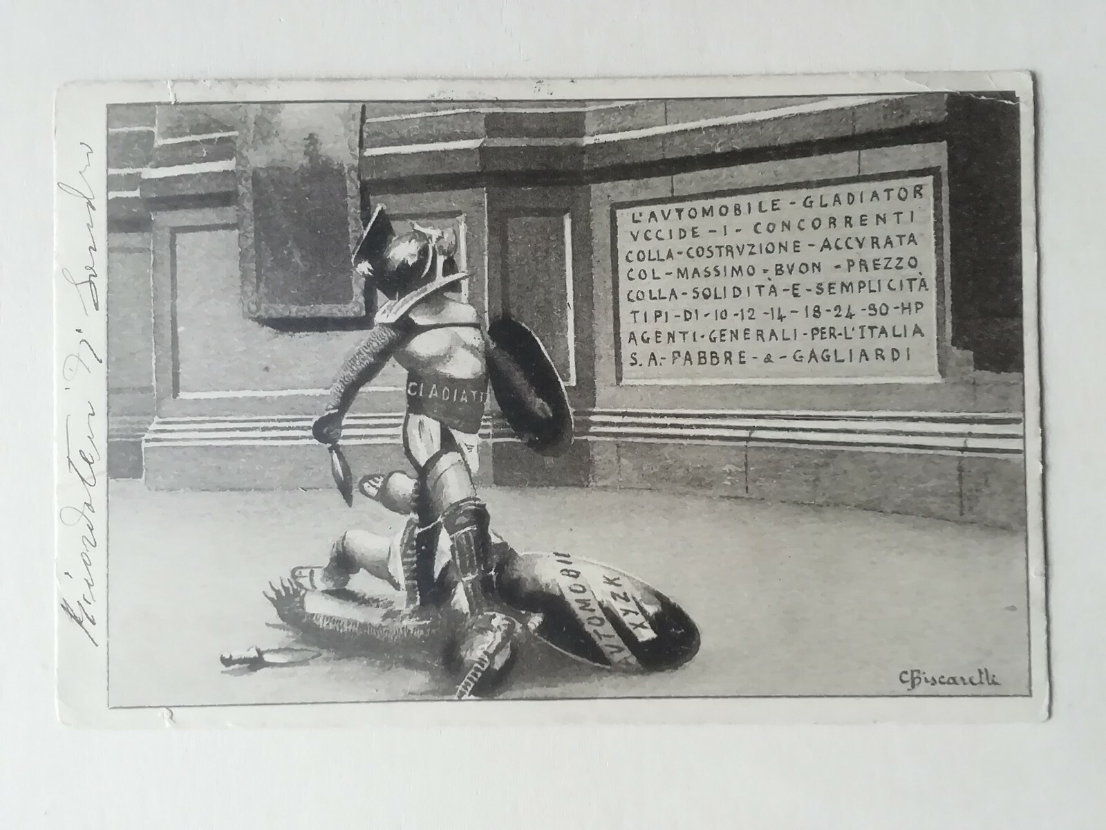 POSTCARD GLADIATOR AUTOMOBILE BISCARETTI FABBRE GAGLIARDI BOLOGNA VERONA CAR