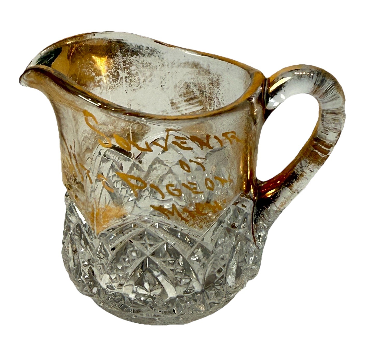 PIGEON MICHIGAN MI Antique Depression Glass Souvenir CUT TRINKET CREAMER
