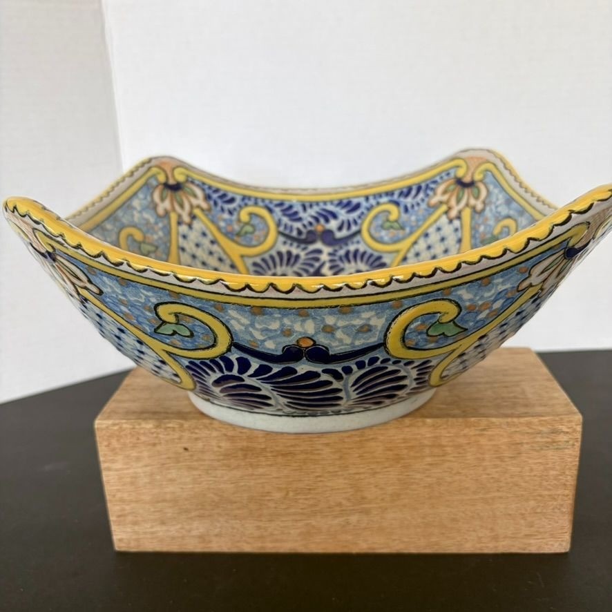 Traditional Uriarte Talavera Ceramic Bowl  Mexico Blue Yellow Floral Bird Signed