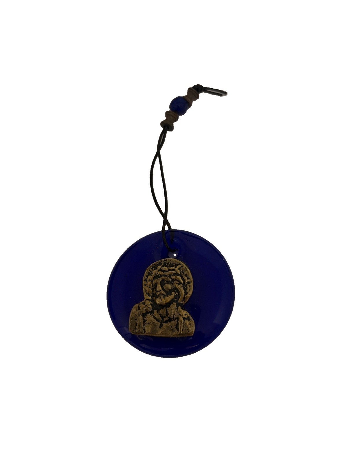 VTG Greek Cobalt Blue Glass Icon Wall Hanging Mary Jesus Charm Gouri Protection