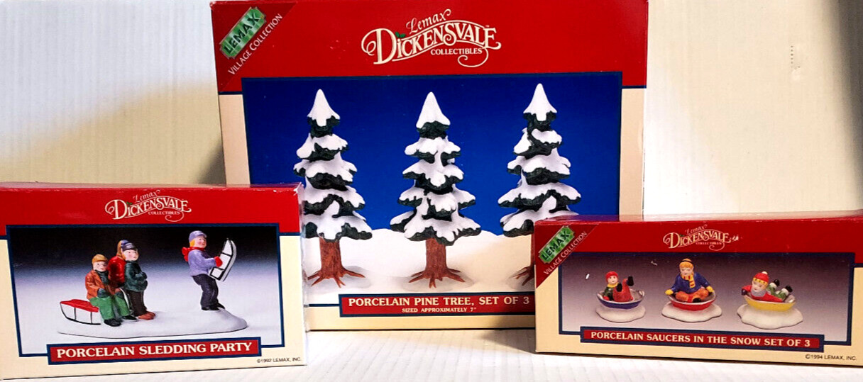 1990s Lemax Dickensvale Village Trees, Sledding Party & Saucers in the Snow Lot 1990s Lemax Dickensvale Village Trees, Sledding Party & Saucers in the Snow Lot