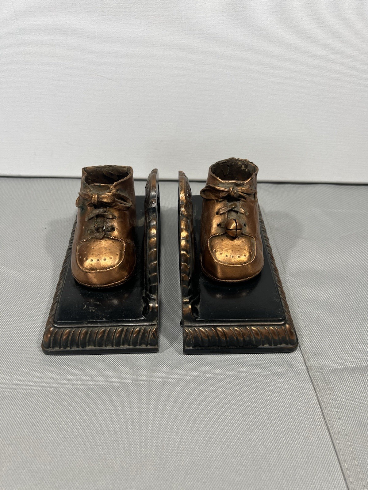 Vintage Baby Shoe Bookends Bronze Black Nursery Decor Pair