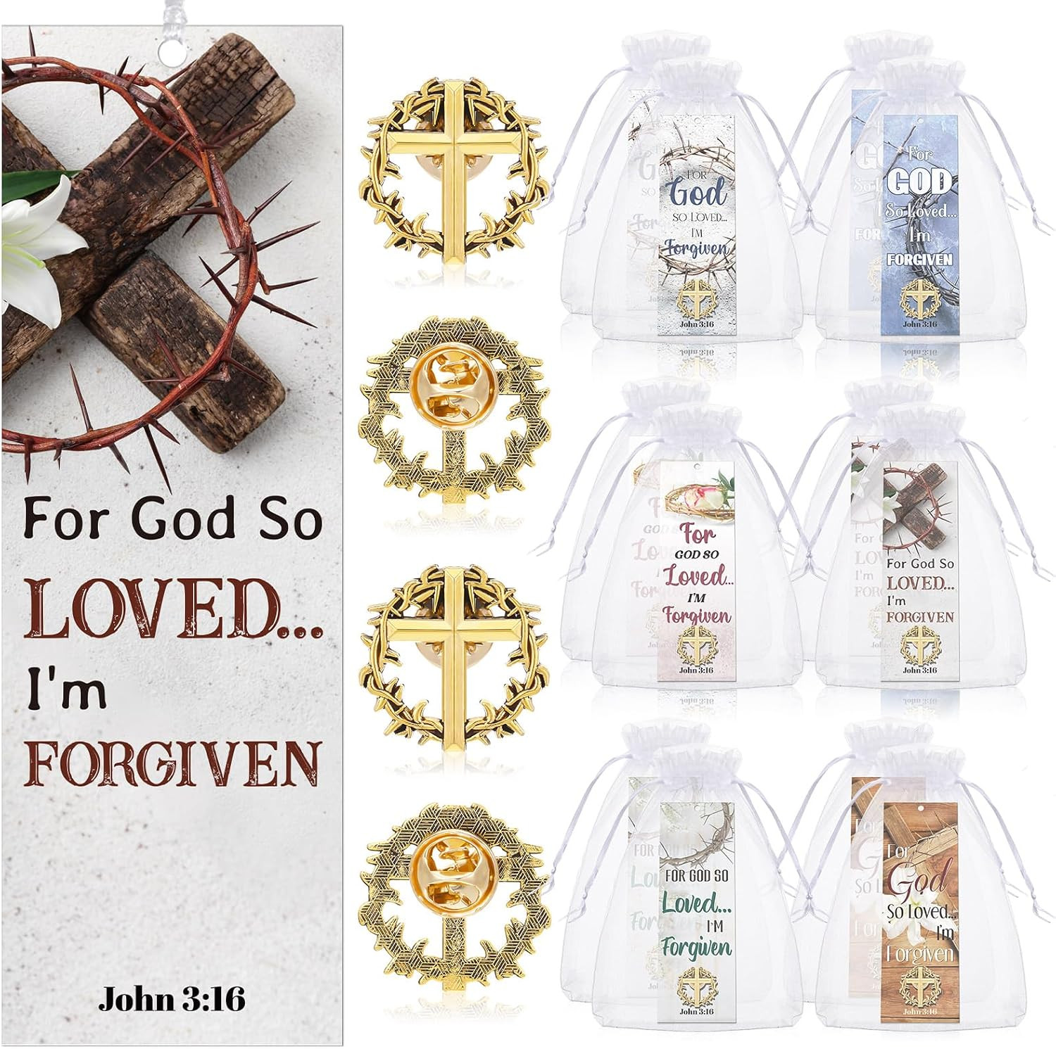 36 Pcs/18 Sets Crown of Thorns Lapel Pins with Easter John 3: 16 36 Pcs/18 Sets Crown of Thorns Lapel Pins with Easter John 3: 16