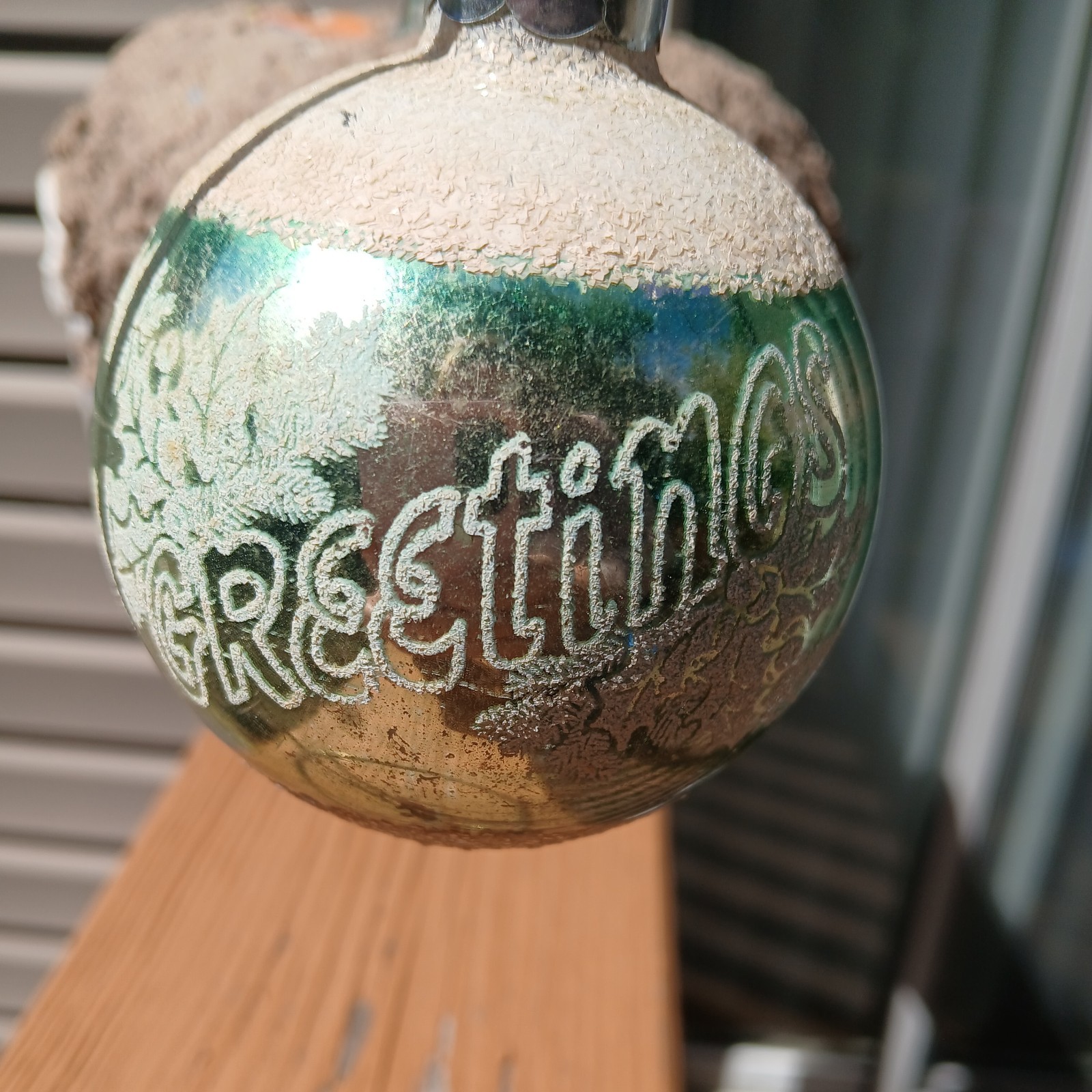 Vintage George Franke Glass Stencil Ornament With Mica Greetings Vintage George Franke Glass Stencil Ornament With Mica Greetings