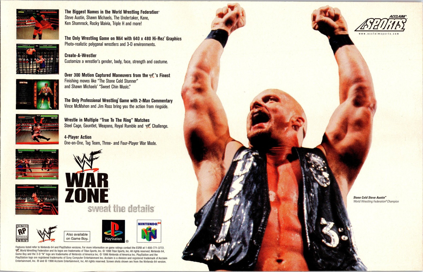 1998 Acclaim WWF War Zone Print Ad Stone Cold Steve Austin Nintendo PlayStation 1998 Acclaim WWF War Zone Print Ad Stone Cold Steve Austin Nintendo PlayStation