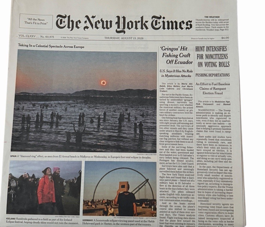 The New York Times Newspaper August 13 2026 Taking In Celestial Spectacle Europe The New York Times Newspaper August 13 2026 Taking In Celestial Spectacle Europe